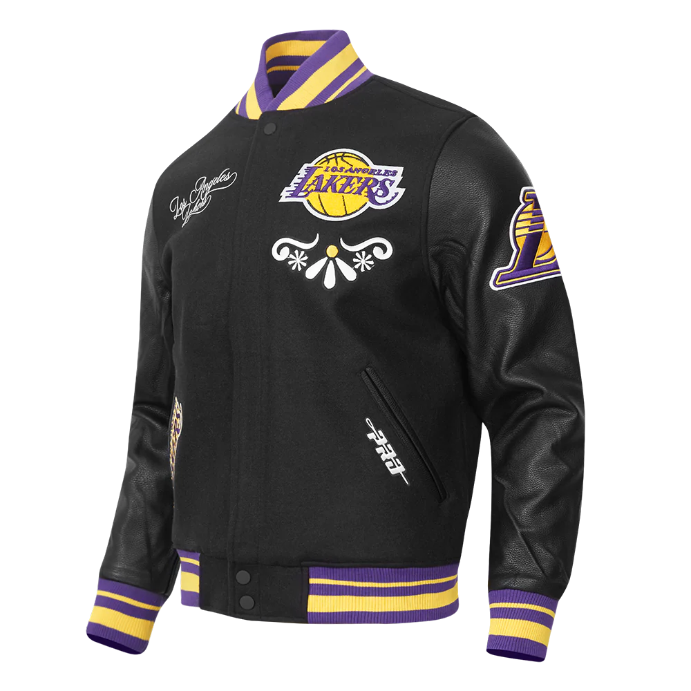 NBA LOS ANGELES LAKERS SUGAR SKULL MEN'S RIB WOOL VARSITY JACKET (BLACK/PURPLE) - Image 2