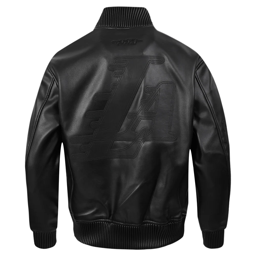 NBA LOS ANGELES LAKERS WASHED VANGUARD MEN'S LEATHER VARSITY JACKET (JET BLACK) - Image 3