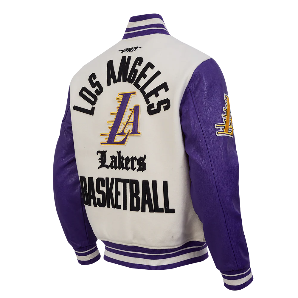 NBA LOS ANGELES LAKERS MODERN ORIGINALS MEN'S RIB WOOL VARSITY JACKET (EGGSHELL/ PURPLE) - Image 4