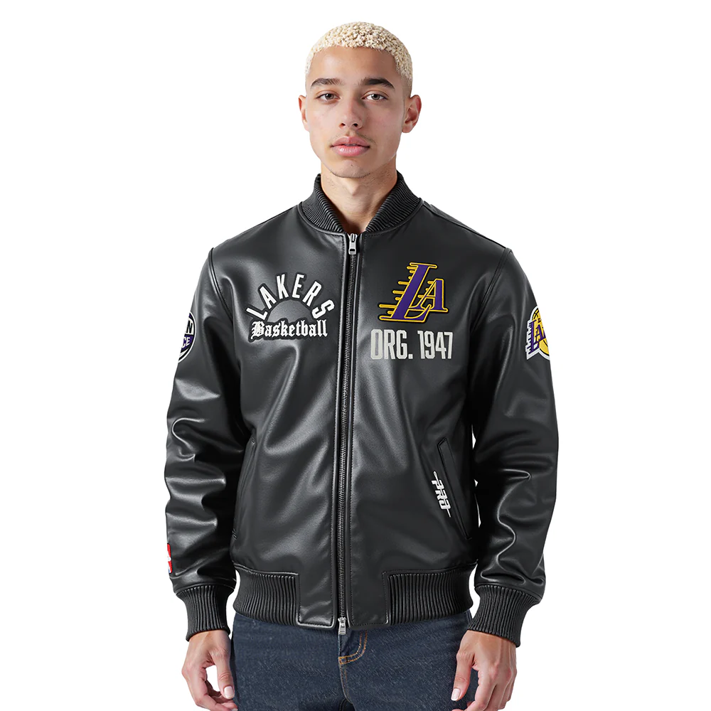 NBA LOS ANGELES LAKERS MODERN ORIGINALS MEN'S LEATHER VARSITY JACKET (JET BLACK)