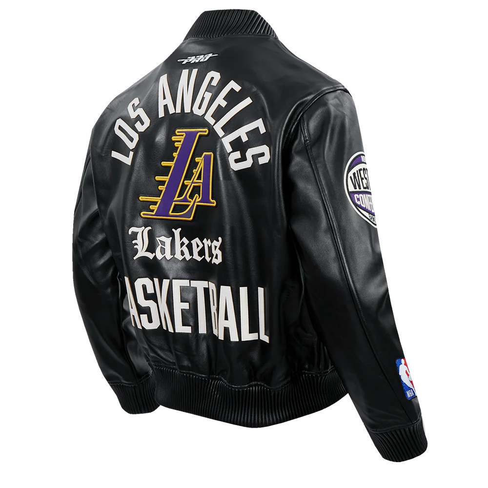 NBA LOS ANGELES LAKERS MODERN ORIGINALS MEN'S LEATHER VARSITY JACKET (JET BLACK) - Image 4