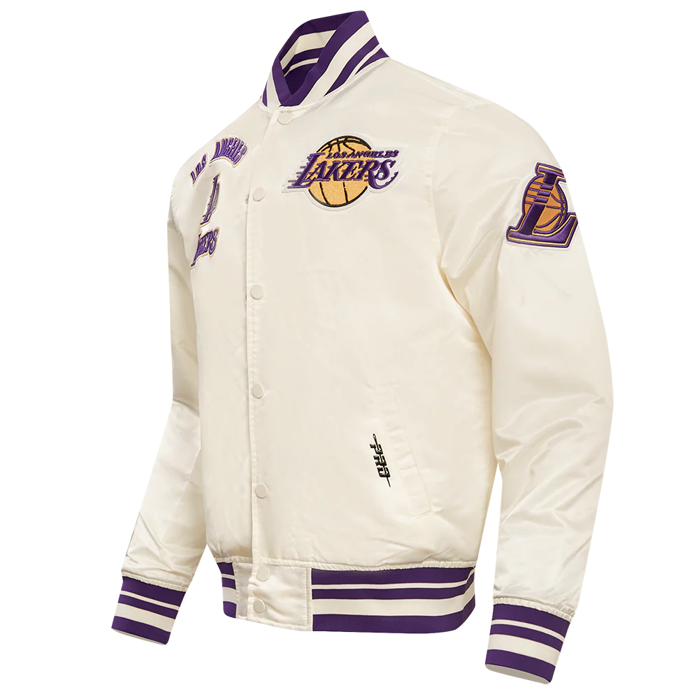 NBA LOS ANGELES LAKERS RETRO CLASSIC MEN'S RIB SATIN JACKET (EGGSHELL/ PURPLE) - Image 2