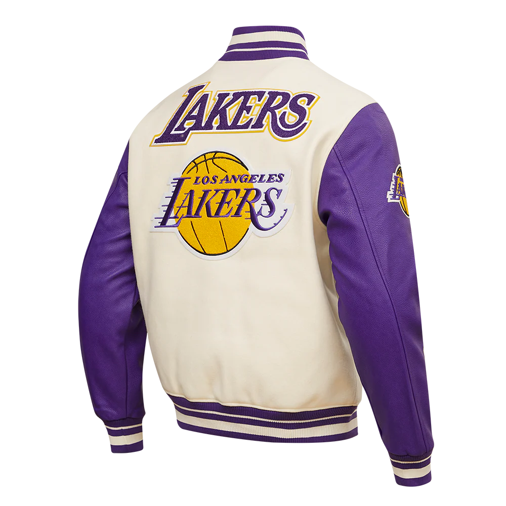 NBA LOS ANGELES LAKERS RETRO CLASSIC MEN'S RIB WOOL VARSITY JACKET (EGGSHELL/PURPLE) - Image 2