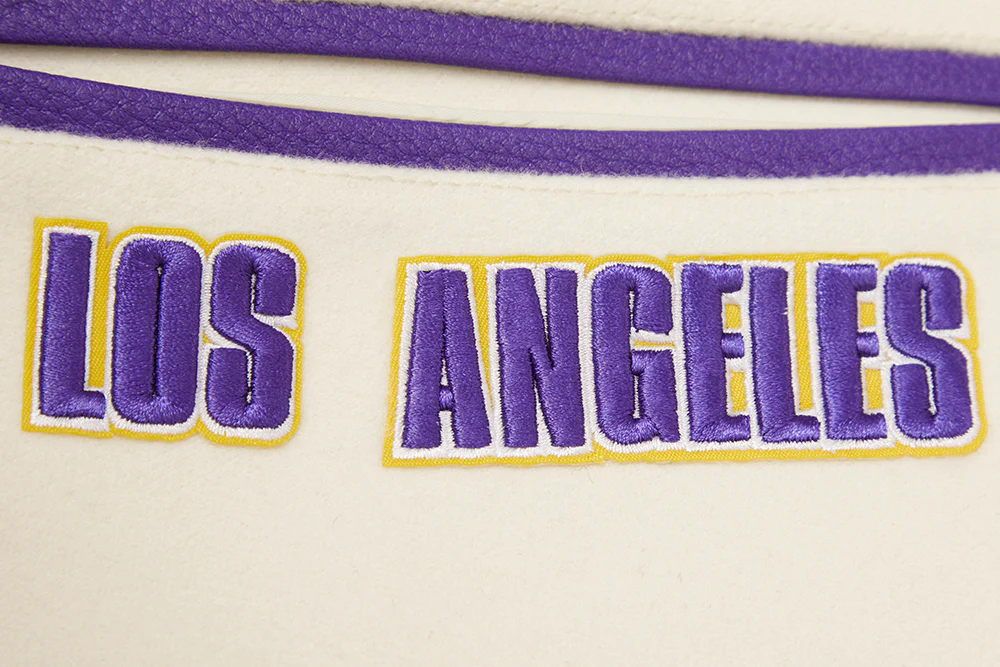 NBA LOS ANGELES LAKERS RETRO CLASSIC MEN'S RIB WOOL VARSITY JACKET (EGGSHELL/PURPLE) - Image 7
