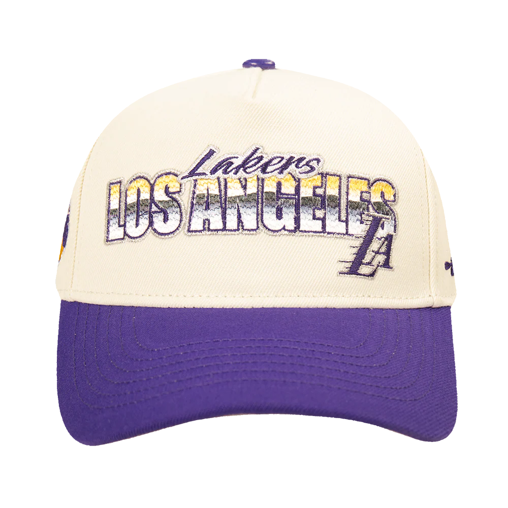 NBA LOS ANGELES LAKERS CHROME MEN'S PINCH FRONT SNAPBACK HAT (EGGSHELL/ PURPLE)