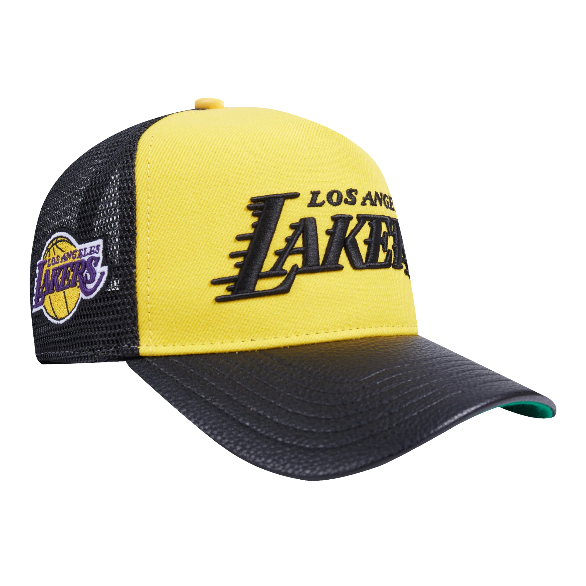 NBA LOS ANGELES LAKERS WORDMARK LOGO LEATHER PINCH FRONT TRUCKER (BLACK/YELLOW) - Image 5
