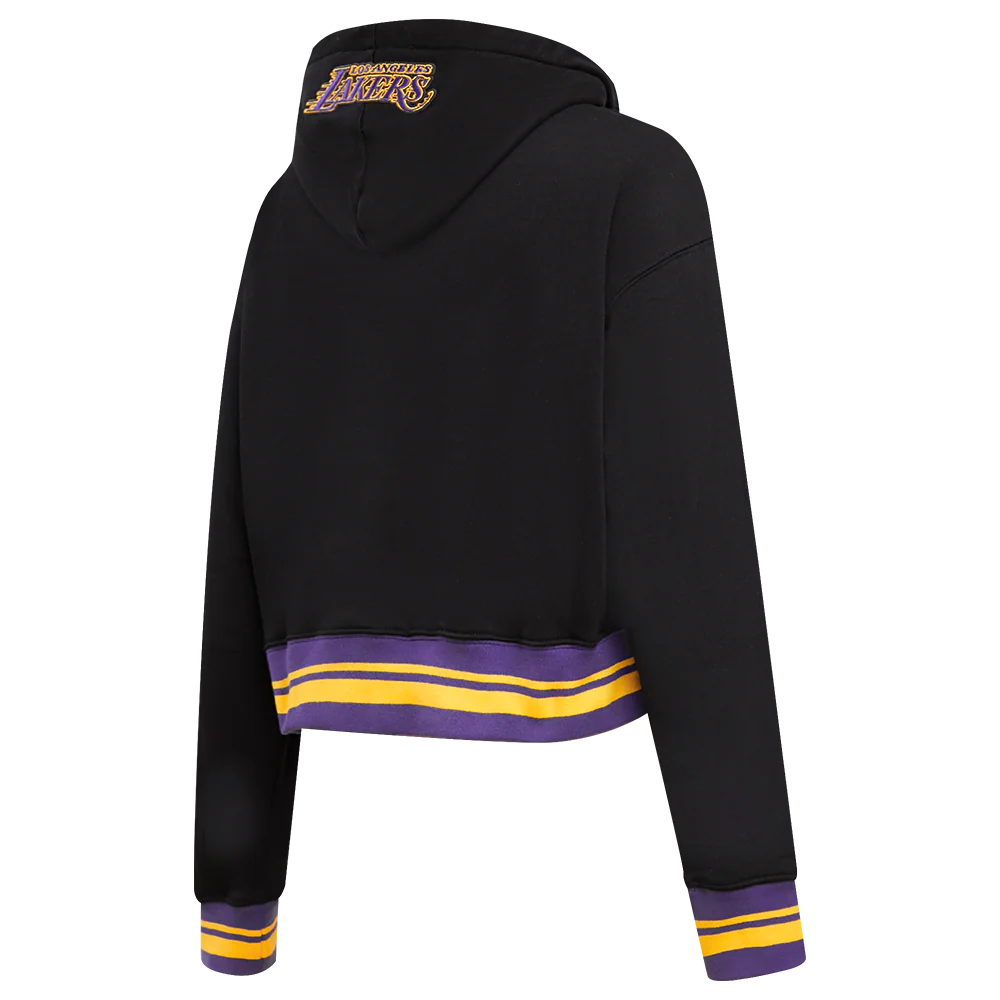 NBA LOS ANGELES LAKERS SCRIPT TAIL WOMEN'S RIB FLEECE CROPPED PULLOVER HOODIE (BLACK/PURPLE) - Image 4