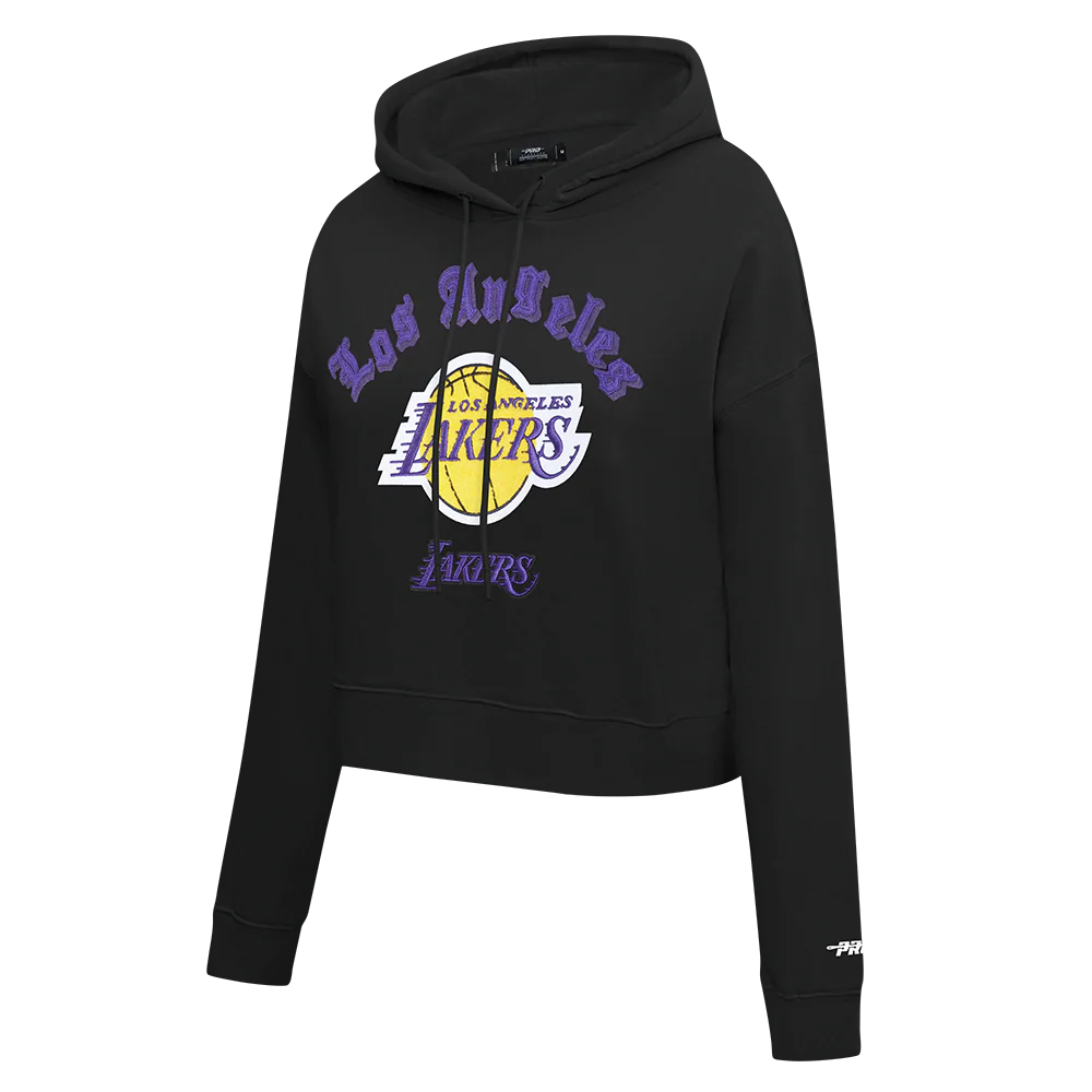 NBA LOS ANGELES LAKERS OLD ENGLISH WOMEN'S FLC CROPPED PO HOODIE (BLACK) - Image 3