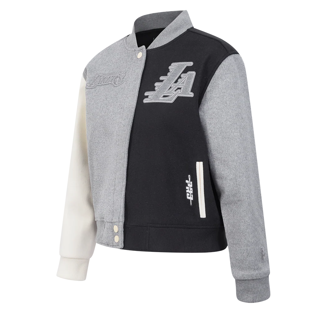 NBA LOS ANGELES LAKERS REVERSE FRENCH TERRY WOMEN'S WOOL VARSITY JACKE (BLACK/GRAY/EGGSHELL) - Image 2