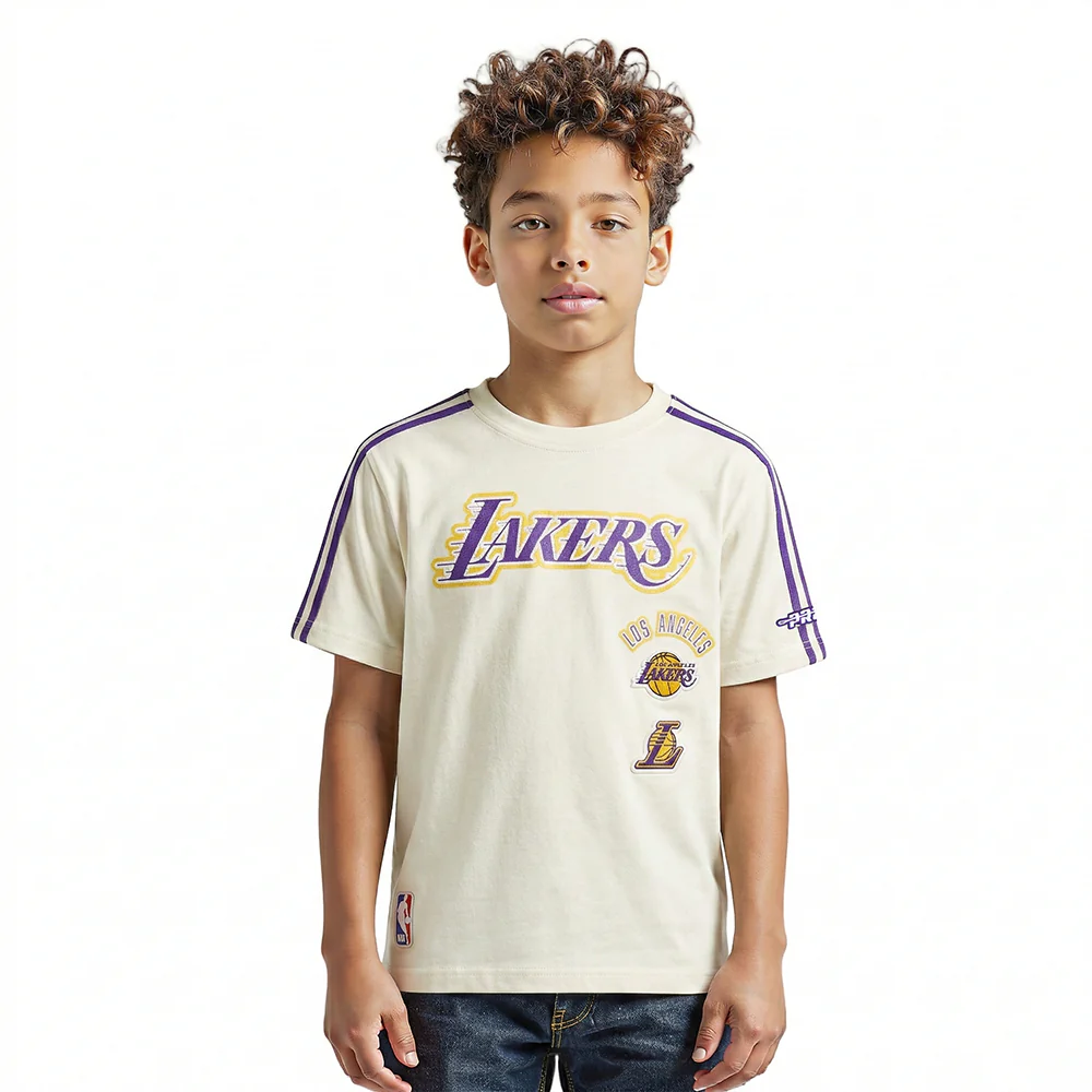 NBA LOS ANGELES LAKERS RETRO CLASSIC LITTLE BOYS SHORT SLEEVE TAPING TEE (EGGSHELL/ PURPLE)