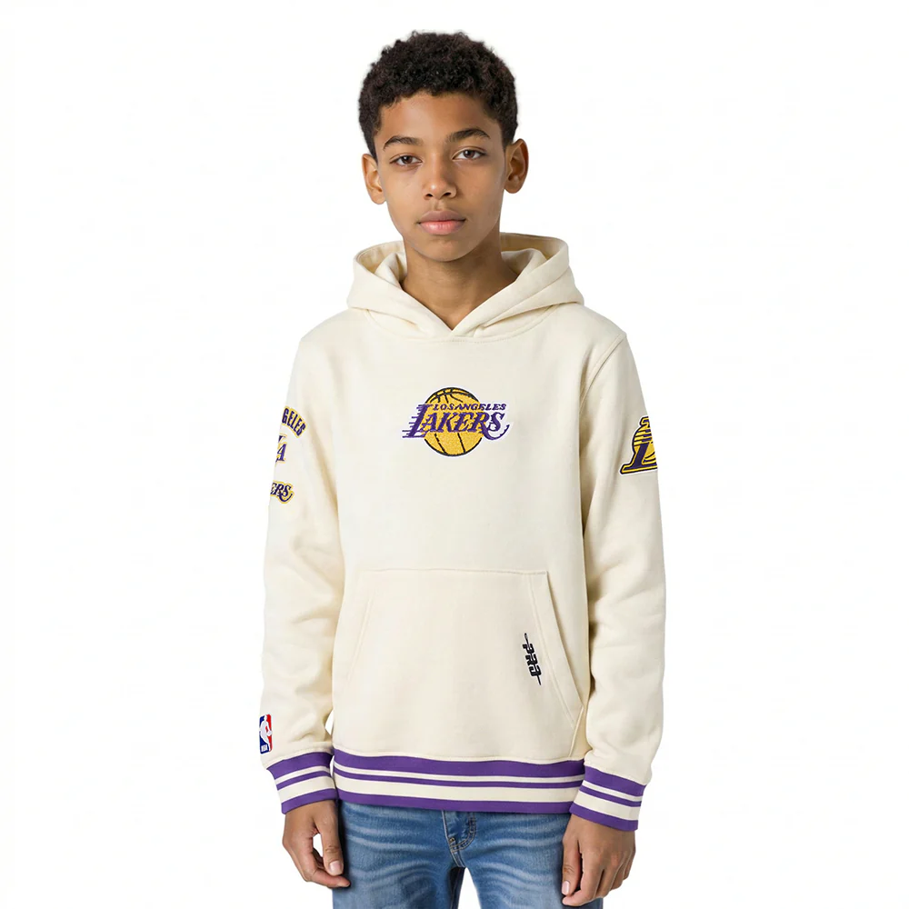 NBA LOS ANGELES LAKERS RETRO CLASSIC LITTLE BOYS RIB FLEECE PULLOVER HOODIE (EGGSHELL/ PURPLE)