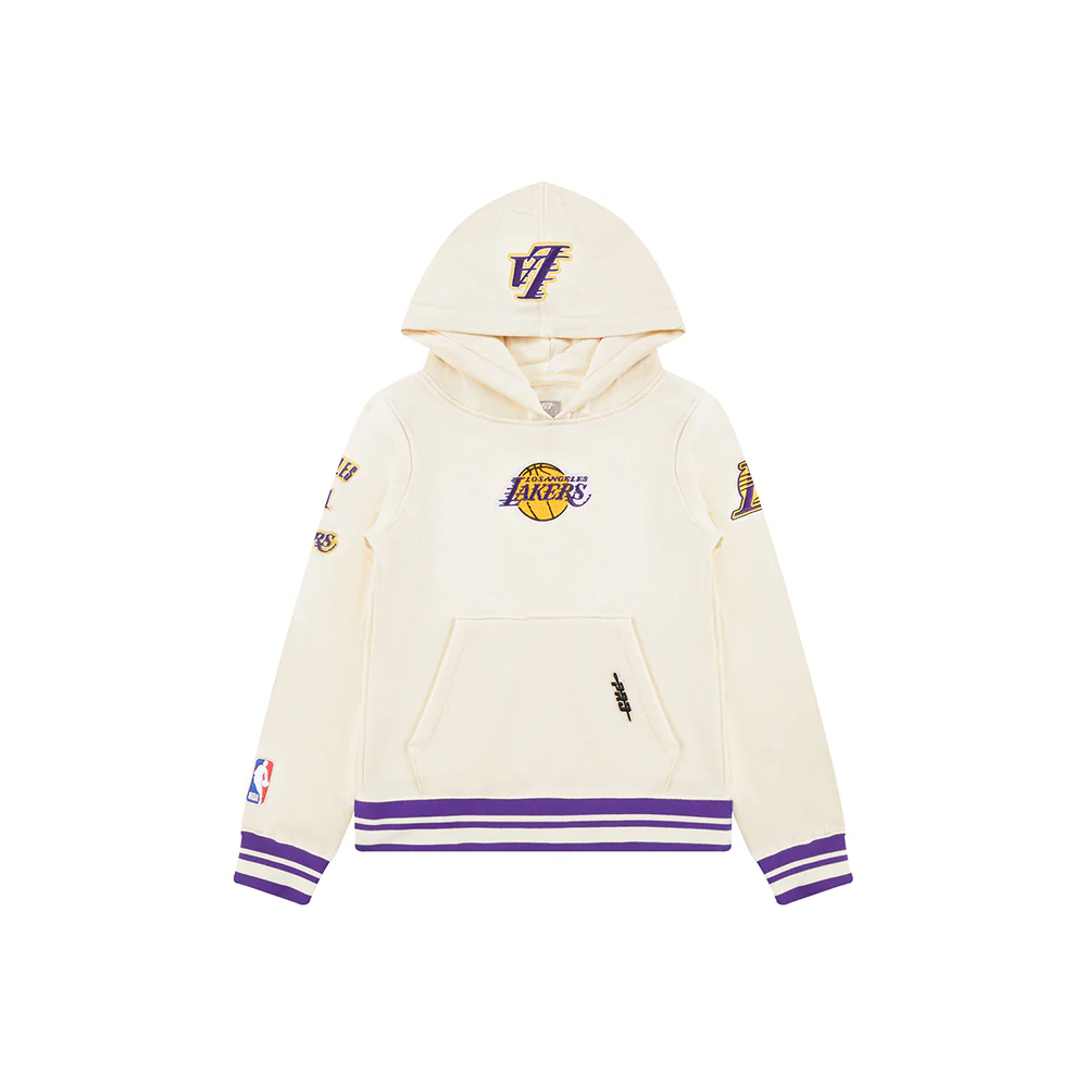 NBA LOS ANGELES LAKERS RETRO CLASSIC LITTLE BOYS RIB FLEECE PULLOVER HOODIE (EGGSHELL/ PURPLE) - Image 3