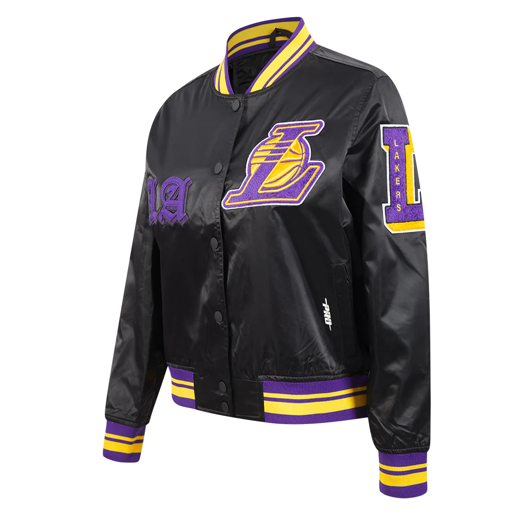NBA LOS ANGELES LAKERS OLD ENGLISH WOMEN'S RIB SATIN JACKET (BLACK/PURPLE) - Image 2
