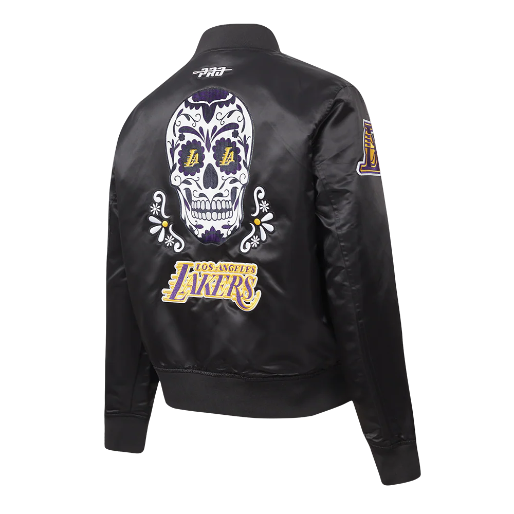 NBA LOS ANGELES LAKERS SUGAR SKULL WOMEN'S SATIN JACKET (BLACK) - Image 3
