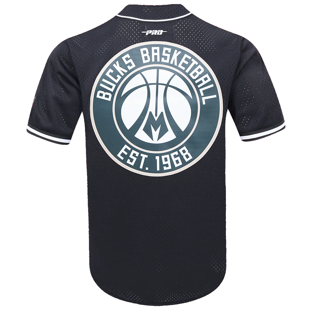 NBA MILWAUKEE BUCKS SCRIPT TAIL MEN'S MESH BUTTON DOWN SHIRT (BLACK) - Image 3