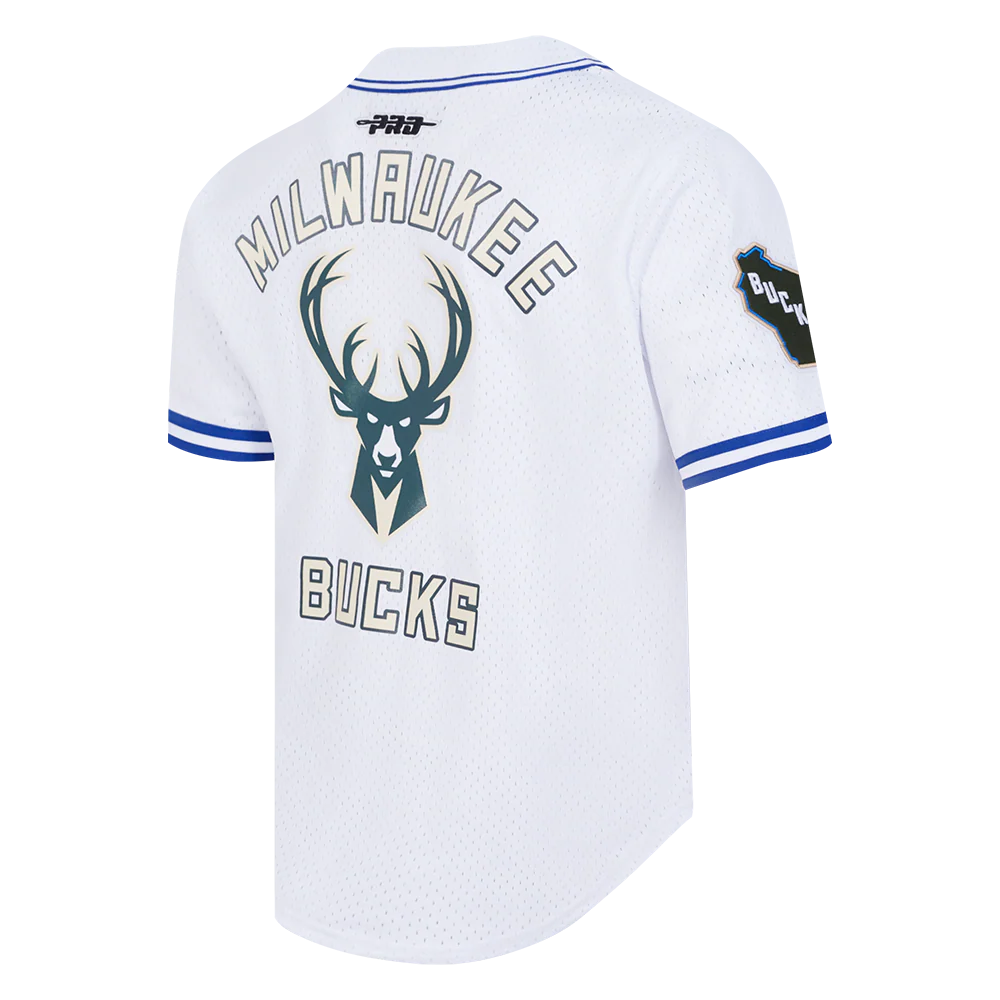 NBA MILWAUKEE BUCKS CITY EDITION 24-25 MEN'S MESH BUTTON DOWN SHIRT (WHITE/ROYAL BLUE) - Image 4