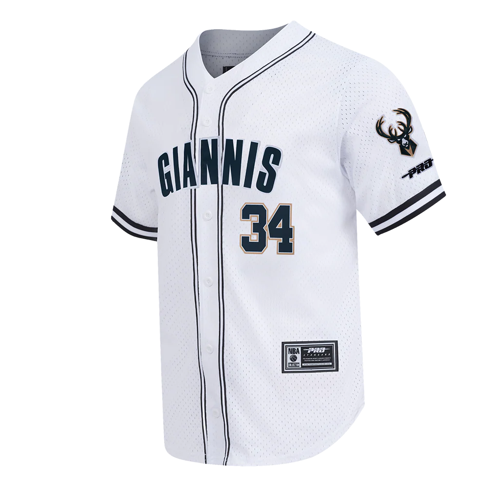 NBA MILWAUKEE BUCKS GIANNIS ANTETOKOUNMPO #34 CLASSIC MESH PNN MEN'S MESH BUTTON DOWN SHIRT (WHITE/BLACK/WHITE) - Image 3