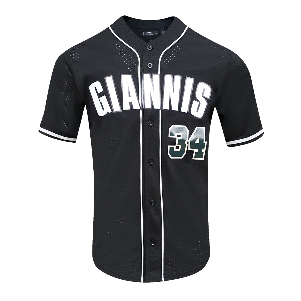 NBA MILWAUKEE BUCKS GIANNIS ANTEOKOUNMPO #34 MEN'S MESH BUTTON DOWN SHIR (BLACK)