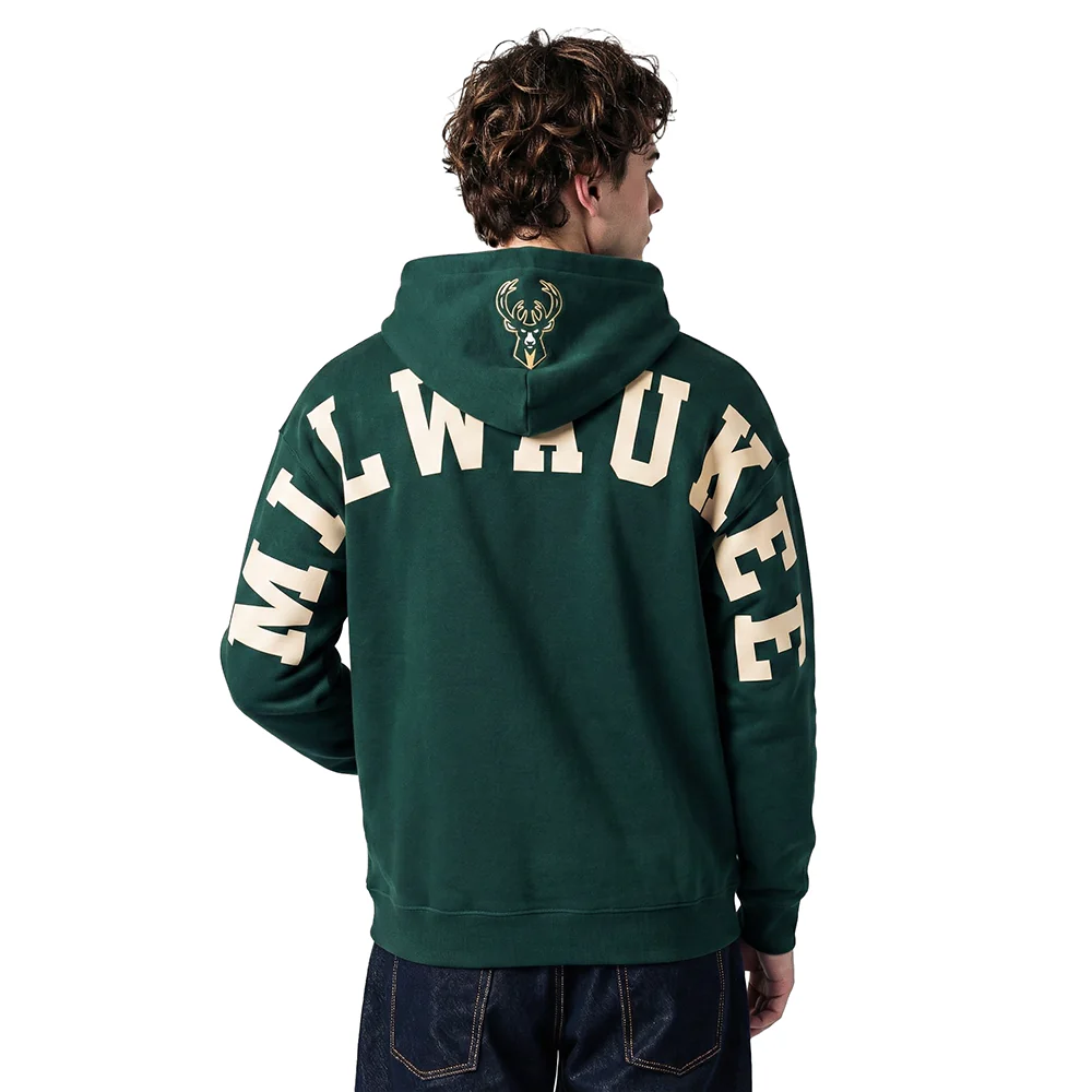 NBA MILWAUKEE BUCKS WINGSPAN MEN'S DROP SHOULDER FLEECE PULLOVER HOODIE (FOREST GREEN)
