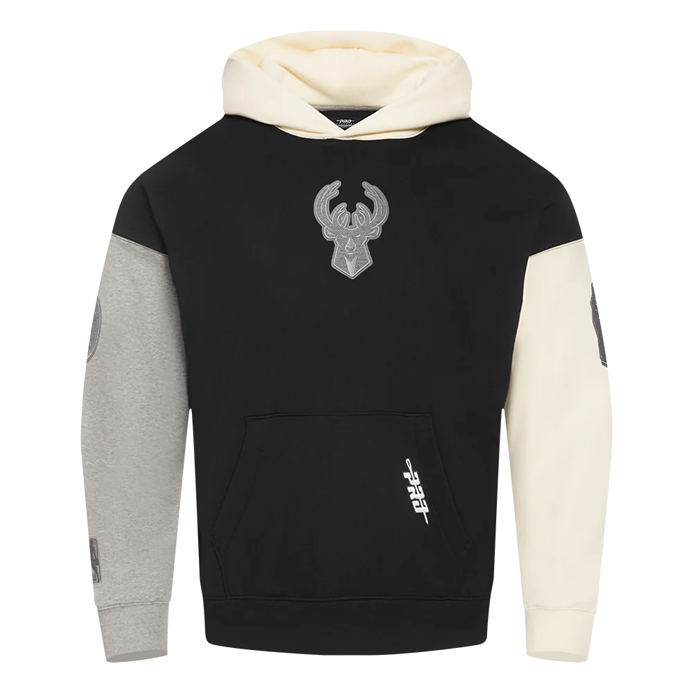 NBA MILWAUKEE BUCKS REVERSE FRENCH TERRY MEN'S COLOR BLOCK FLEECE PULLOVER HOODIE (BLACK/GRAY/EGGSHELL)