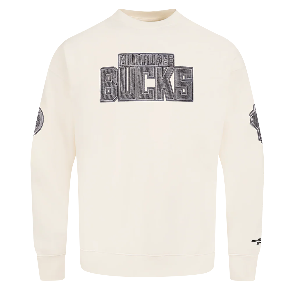 NBA MILWAUKEE BUCKS REVERSE FRENCH TERRY MEN'S DROP SHOULDER FLEECE CREWNECK (EGGSHELL)