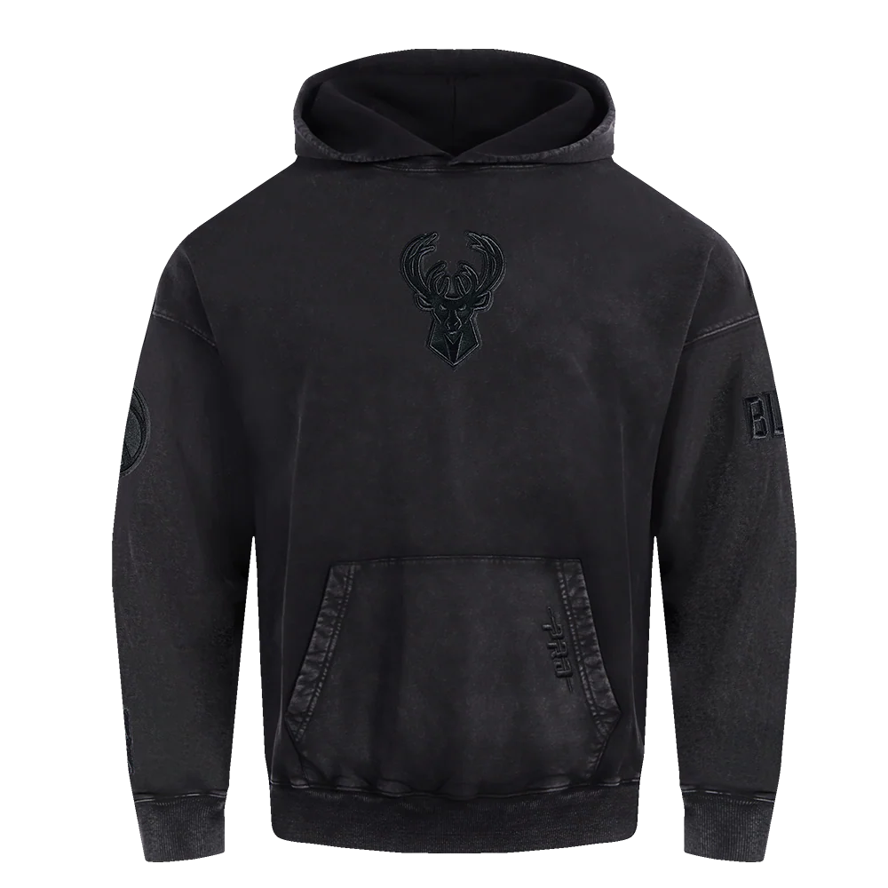 NBA MILWAUKEE BUCKS WASHED CLASSIC MEN'S ENZYME WASH DROP SHOULDER FT PO HOODIE (WASHED BLACK)