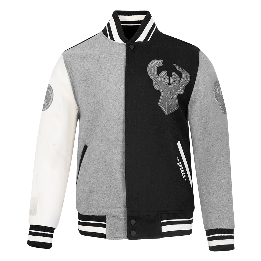 NBA MILWAUKEE BUCKS REVERSE FRENCH TERRY MEN'S COLOR BLOCK WOOL VARSITY JACKET (BLACK/GRAY/EGGSHELL)