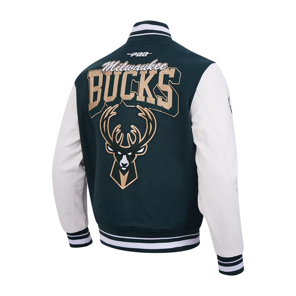 NBA MILWAUKEE BUCKS TEAM BADGE MEN'S RIB WOOL VARSITY JACKET (FOREST GREEN/WHITE) - Image 4