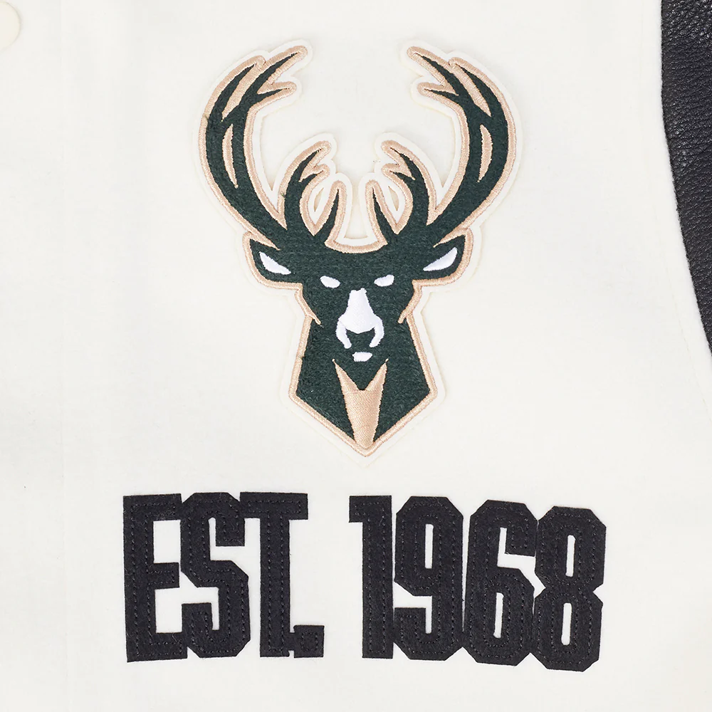 NBA MILWAUKEE BUCKS MODERN ORIGINALS MEN'S RIB WOOL VARSITY JACKET (EGGSHELL/ BLACK) - Image 7