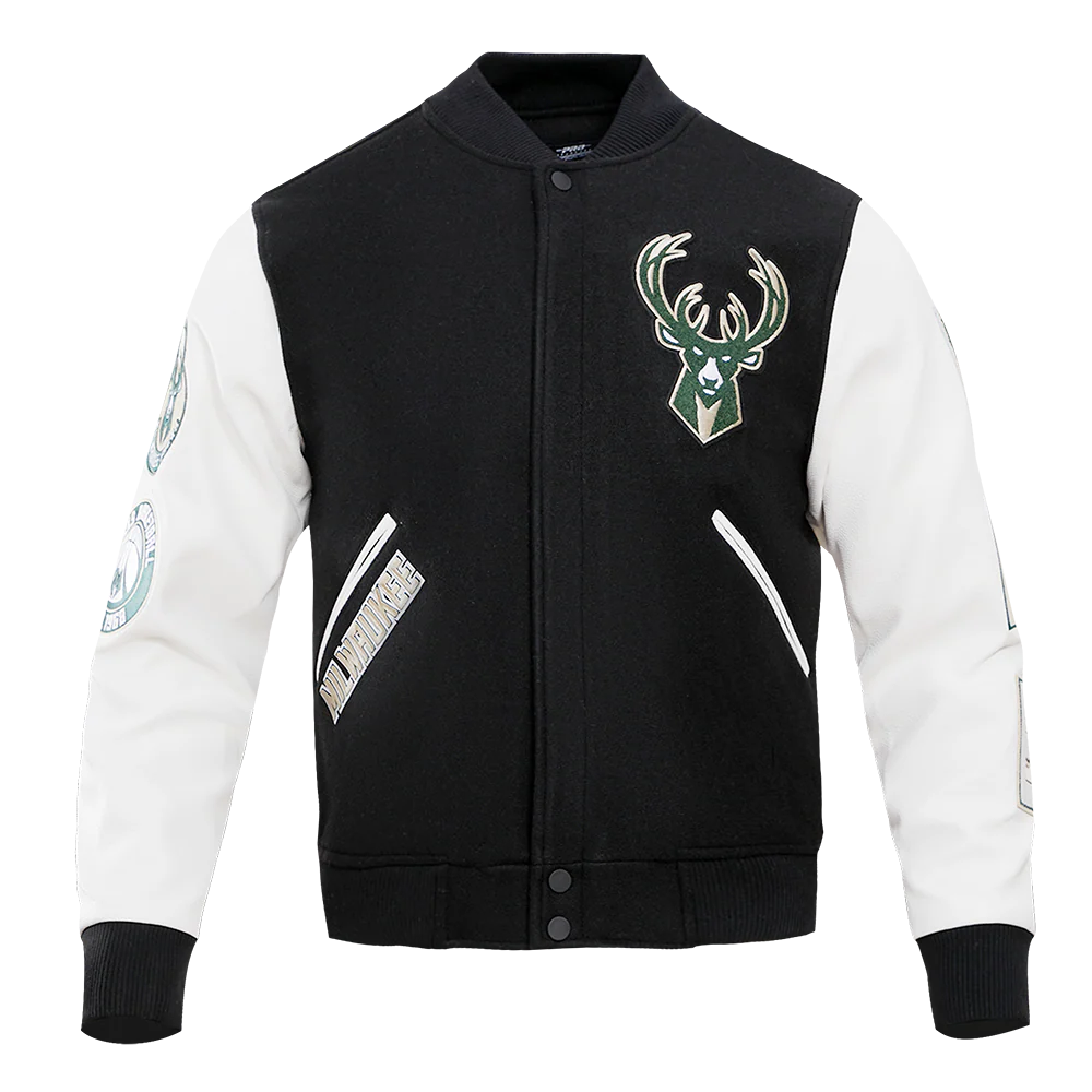 NBA MILWAUKEE BUCKS CLASSIC WOOL MEN'S VARSITY JACKET (BLACK/WHITE)