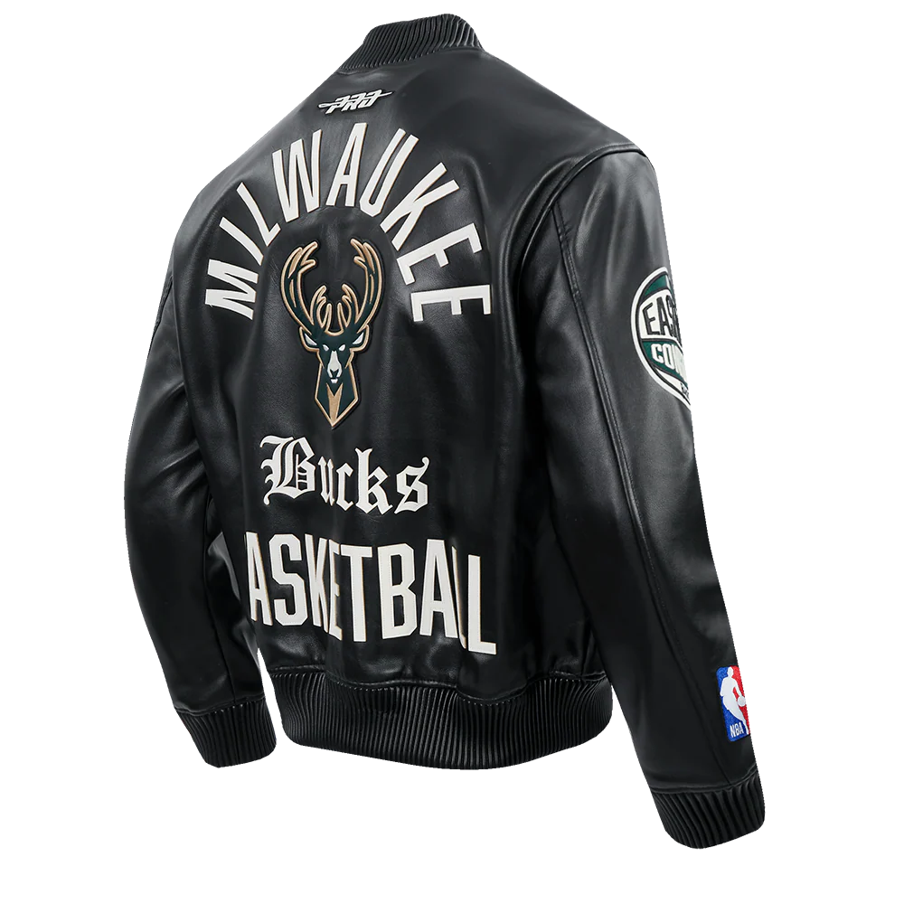 NBA MILWAUKEE BUCKS MODERN ORIGINALS MEN'S LEATHER VARSITY JACKET (JET BLACK) - Image 4