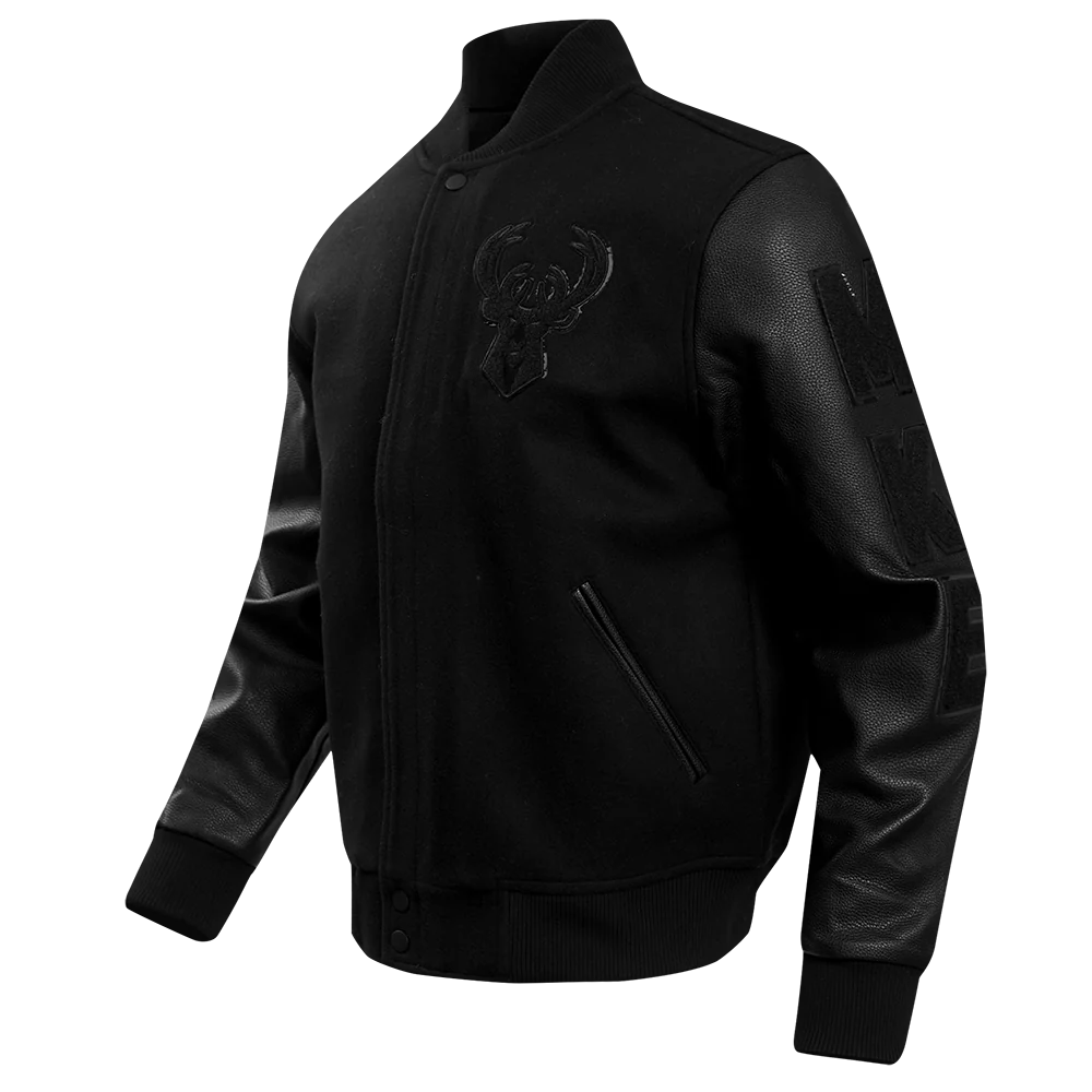 NBA MILWAUKEE BUCKS TRIPLE BLACK PRO MEN'S VARSITY JACKET (TRIPLE BLACK) - Image 2