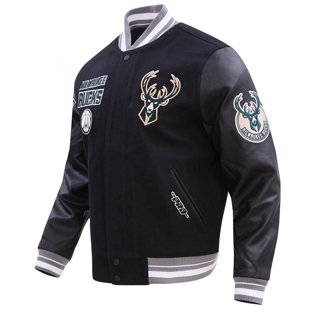NBA MILWAUKEE BUCKS RETRO CLASSIC MEN'S RIB WOOL VARSITY JACKET (BLACK/GRAY) - Image 2