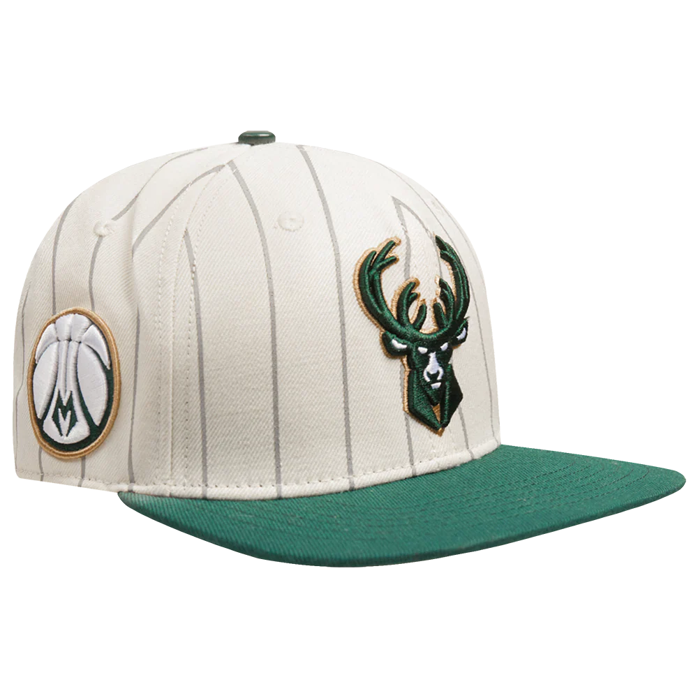 NBA MILWAUKEE BUCKS PINSTRIPE RETRO CLASSIC LOGO WOOL SNAPBACK HAT (EGGSHELL/ GREY) - Image 2
