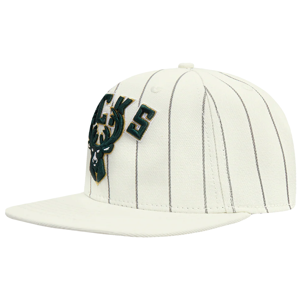 NBA MILWAUKEE BUCKS PINSTRIPE RETRO CLASSIC WORDMARK WOOL SNAPBACK HAT (EGGSHELL/ GREY) - Image 3