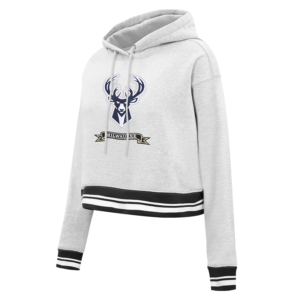NBA MILWAUKEE BUCKS PRO PREP RIB FLEECE WOMEN'S CROPPED PULLOVER HOODIE (HEATHER GRAY/BLACK) - Image 2