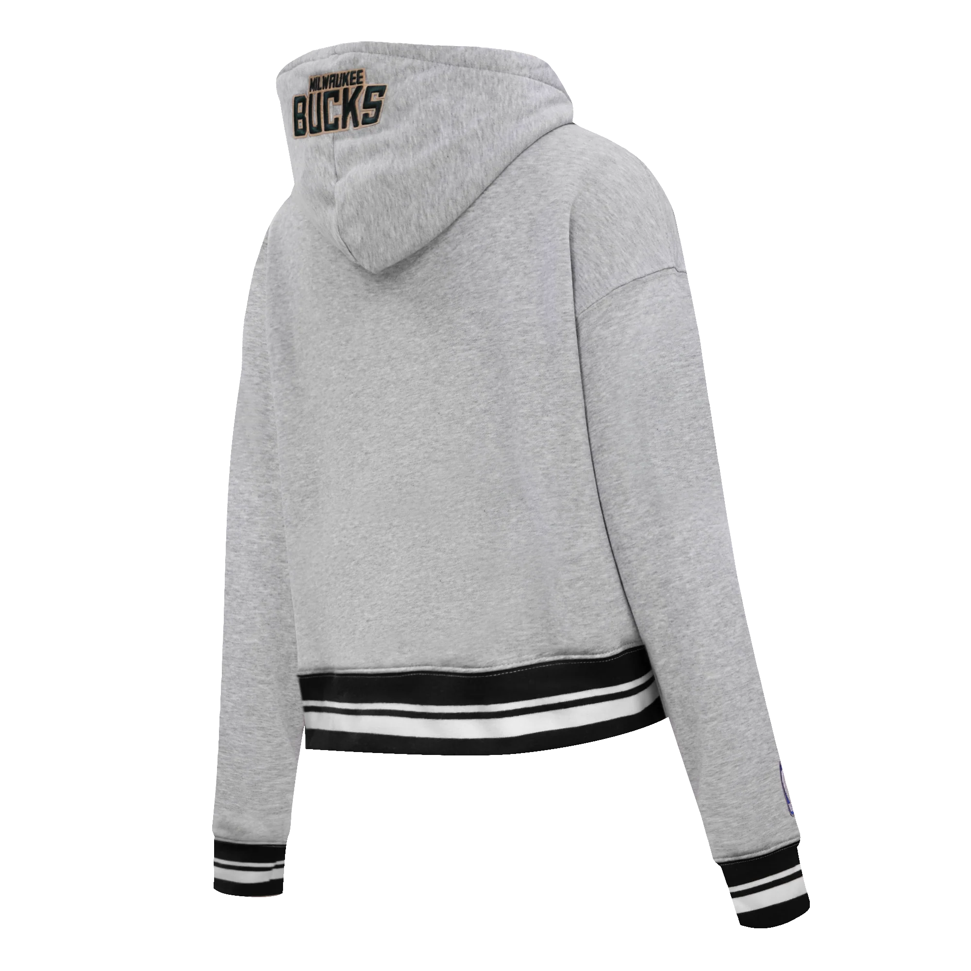 NBA MILWAUKEE BUCKS SCRIPT TAIL WOMEN'S RIB FLEECE CROPPED PULLOVER HOODIE (HEATHER GRAY/BLACK) - Image 4
