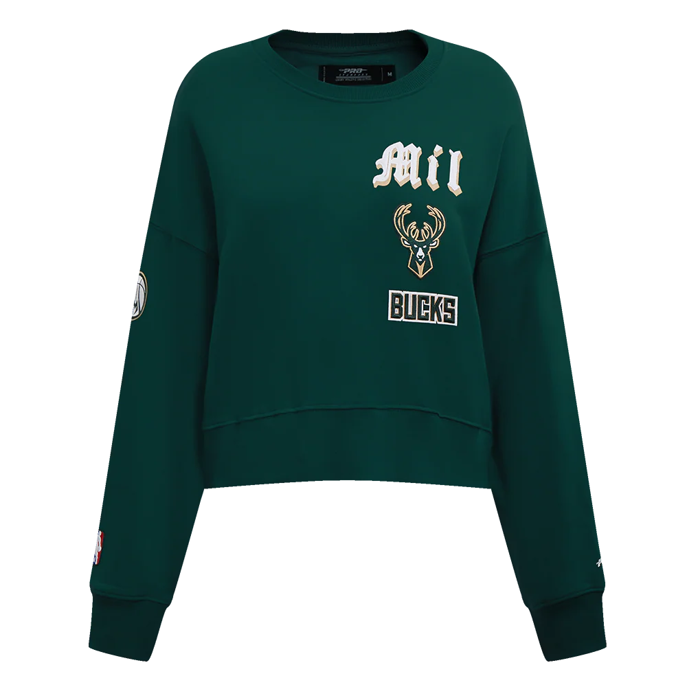NBA MILWAUKEE BUCKS OLD ENGLISH WOMEN'S FLC CREWNECK (FOREST GREEN)