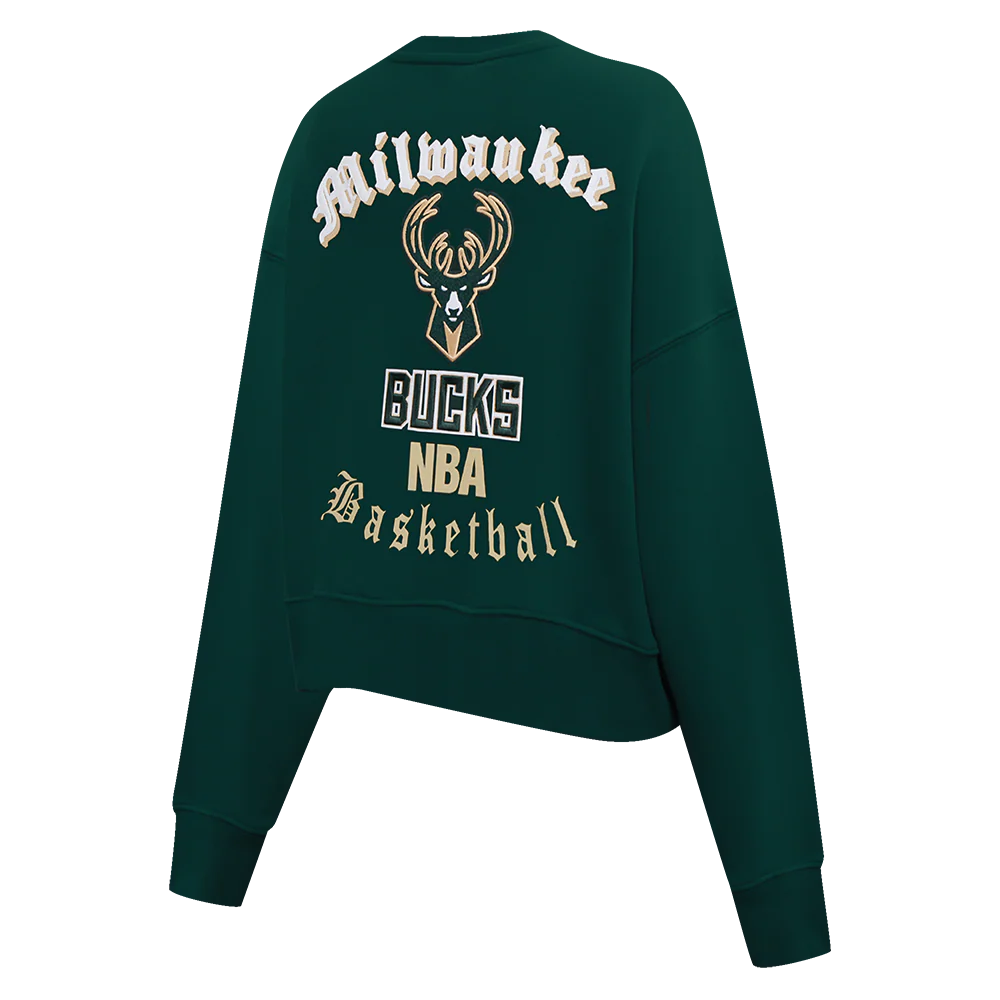 NBA MILWAUKEE BUCKS OLD ENGLISH WOMEN'S FLC CREWNECK (FOREST GREEN) - Image 4