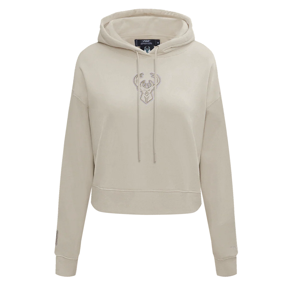 NBA MILWAUKEE BUCKS NEUTRAL WOMEN'S CROPPED PULLOVER HOODIE (TAUPE)