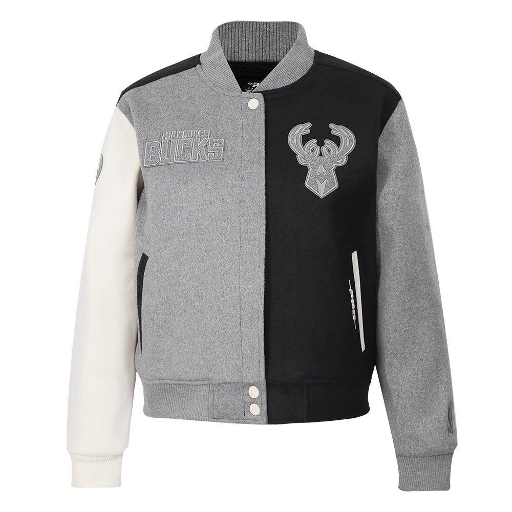 NBA MILWAUKEE BUCKS REVERSE FRENCH TERRY WOMEN'S WOOL VARSITY JACKET (BLACK/GRAY/EGGSHELL)