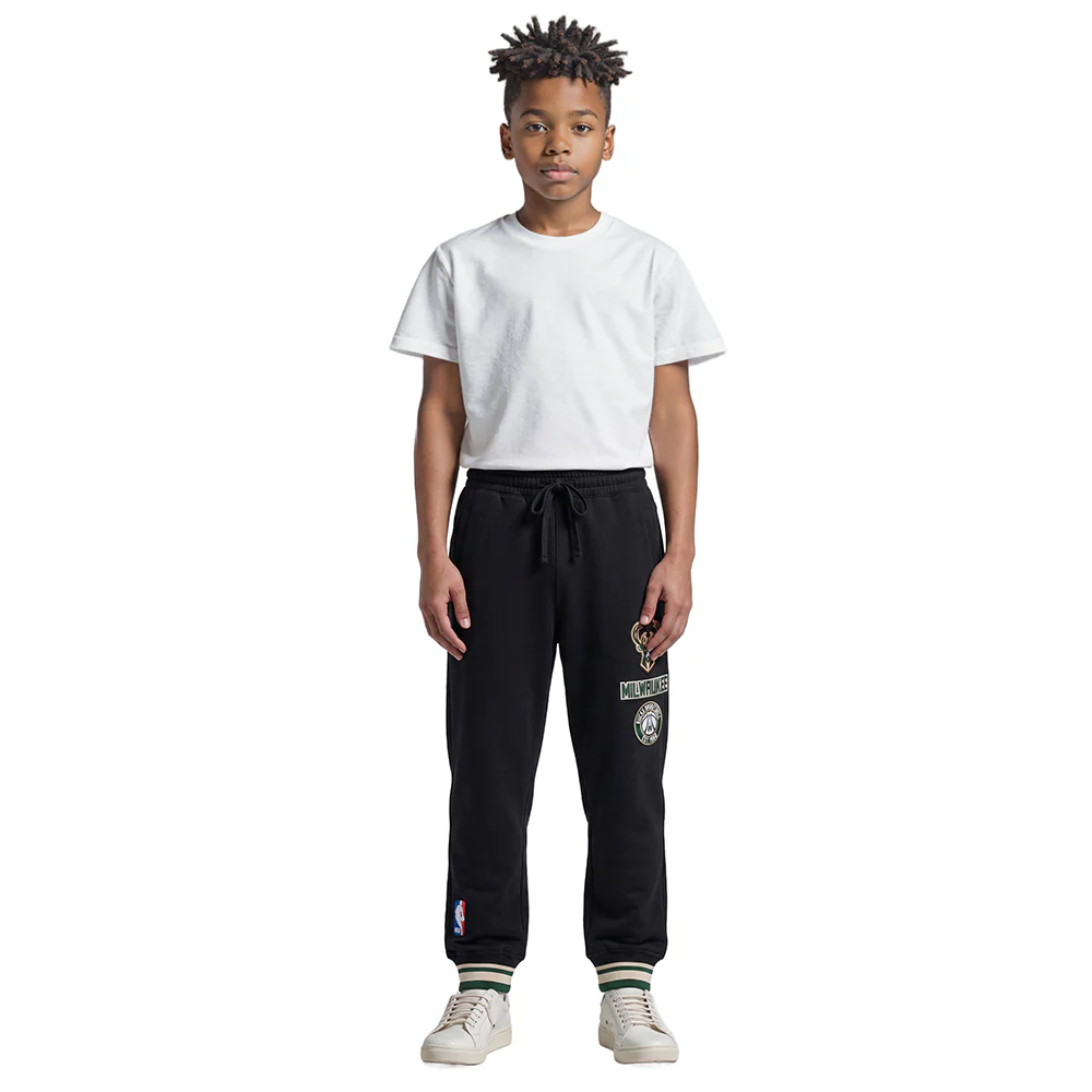 NBA MILWAUKEE BUCKS RETRO CLASSIC LITTLE BOYS RIB FLEECE SWEATPANT (BLACK) - Image 3