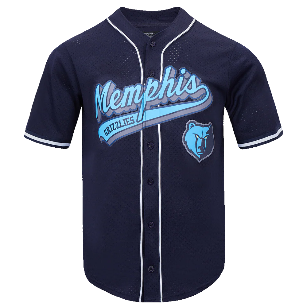 NBA MEMPHIS GRIZZLIES SCRIPT TAIL MEN'S MESH BUTTON DOWN SHIRT (MIDNIGHT NAVY)