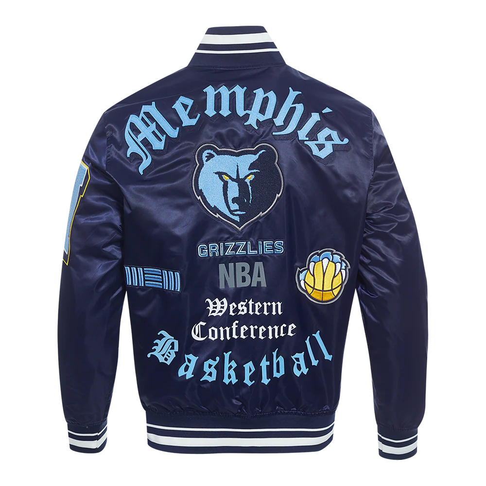 NBA MEMPHIS GRIZZLIES OLD ENGLISH MEN'S RIB SATIN JACKET (MIDNIGHT NAVY) - Image 3
