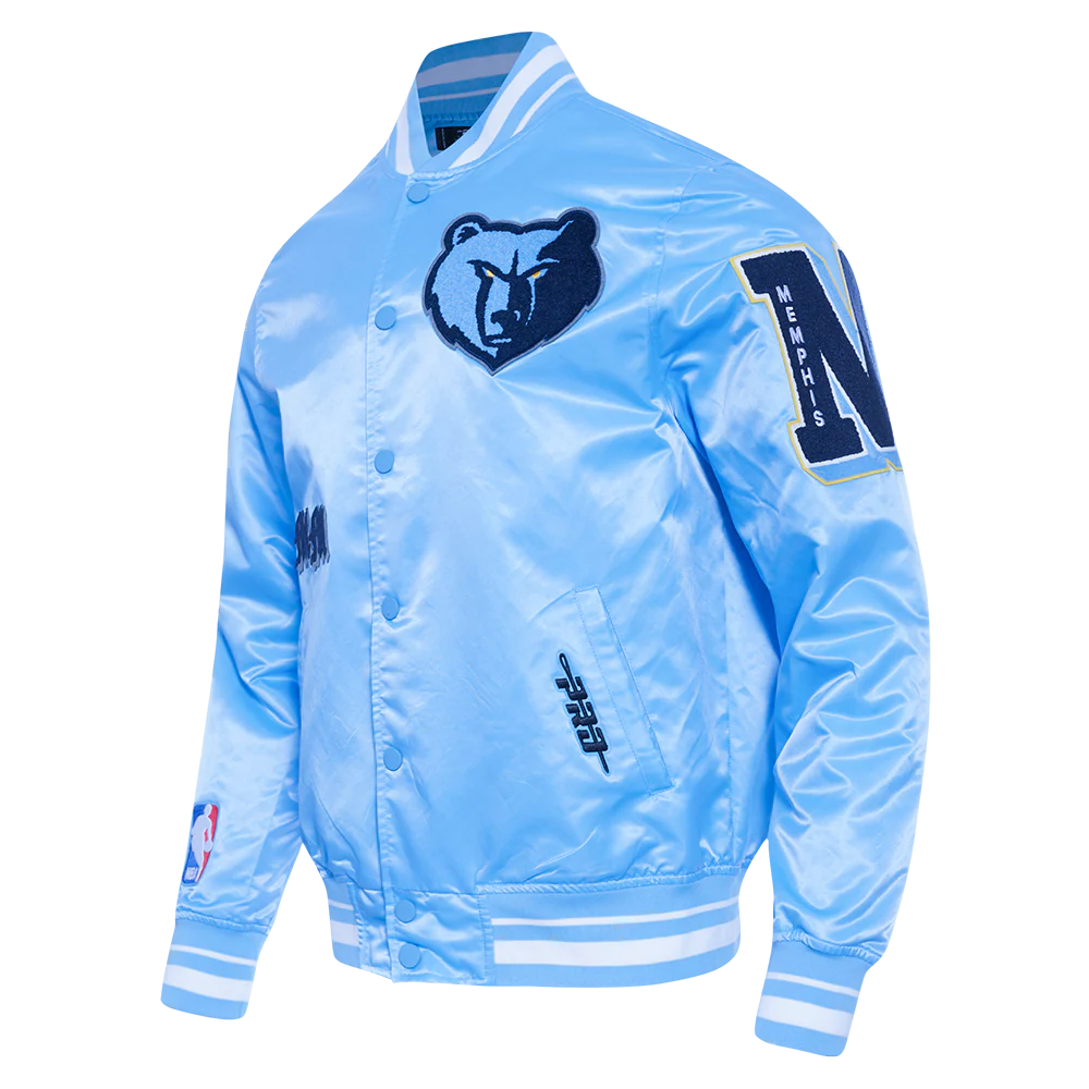 NBA MEMPHIS GRIZZLIES OLD ENGLISH MEN'S RIB SATIN JACKET (UNIVERSITY BLUE) - Image 2