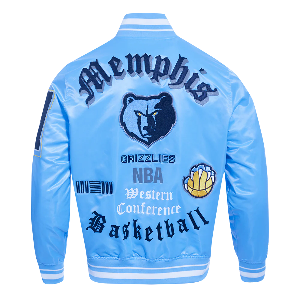 NBA MEMPHIS GRIZZLIES OLD ENGLISH MEN'S RIB SATIN JACKET (UNIVERSITY BLUE) - Image 3
