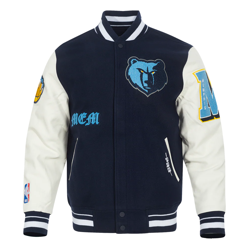 NBA MEMPHIS GRIZZLIES OLD ENGLISH MEN'S RIB WOOL VARSITY JACKET (MIDNIGHT NAVY/WHITE)