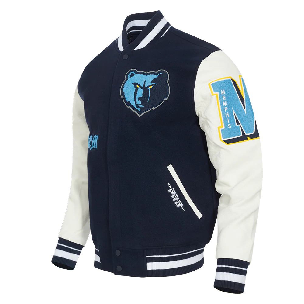 NBA MEMPHIS GRIZZLIES OLD ENGLISH MEN'S RIB WOOL VARSITY JACKET (MIDNIGHT NAVY/WHITE) - Image 2