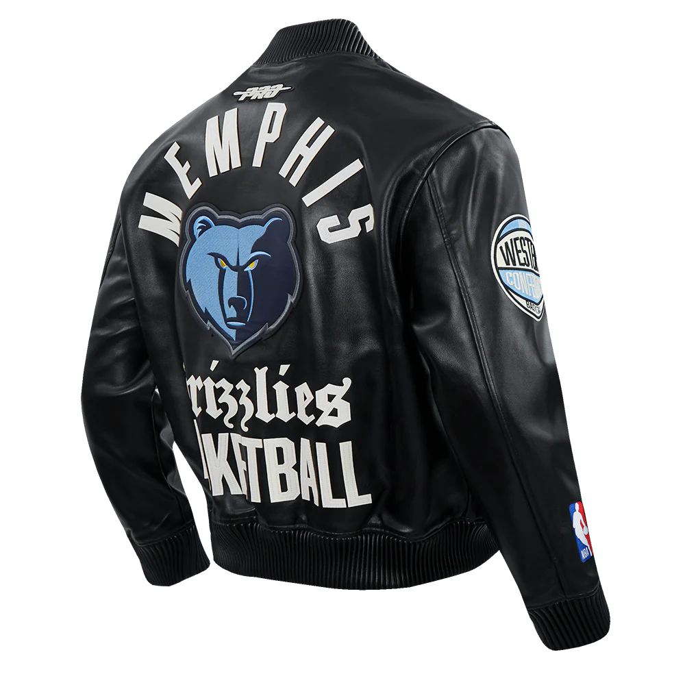 NBA MEMPHIS GRIZZLIES MODERN ORIGINALS MEN'S LEATHER VARSITY JACKET (JET BLACK) - Image 4