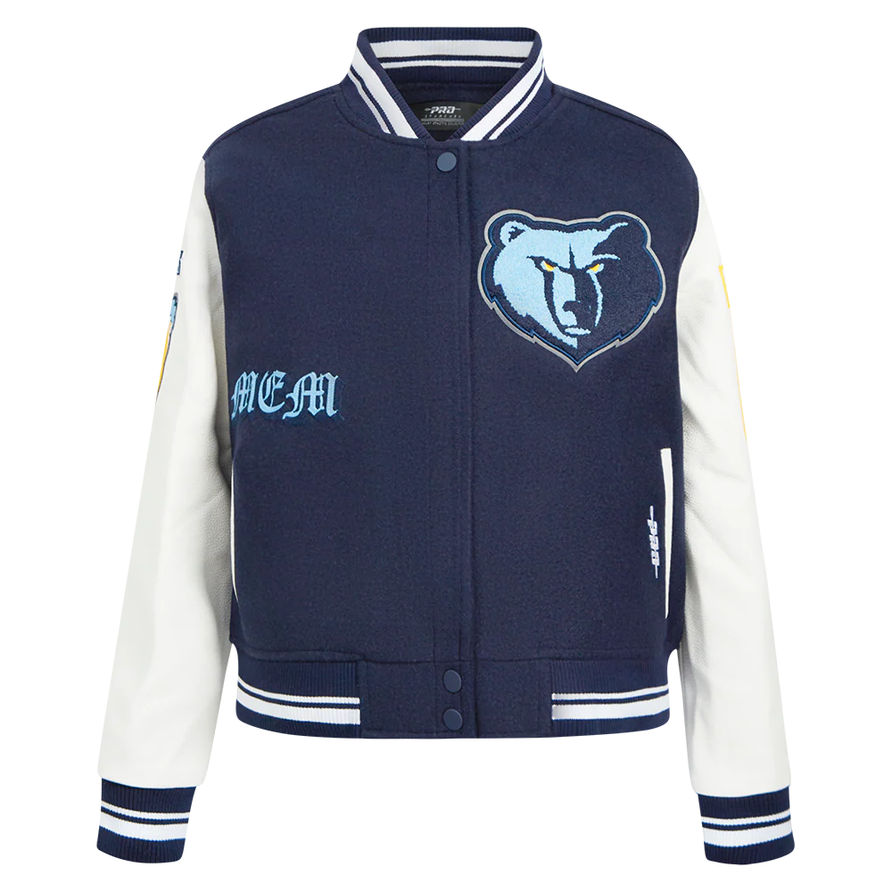 NBA MEMPHIS GRIZZLIES OLD ENGLISH WOMEN'S RIB WOOL VARSITY JACKET (MIDNIGHT NAVY/WHITE)